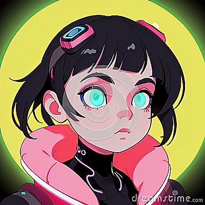 Young woman cyberpunk high technology hacker scifi, , cute simple anime style illustration Cartoon Illustration