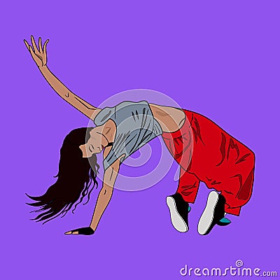 Young woman dancing hip-hop or break-dance on the floor Vector Illustration