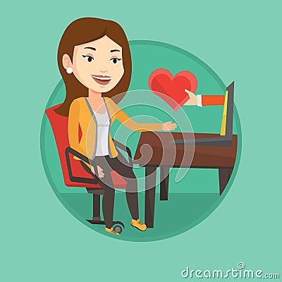 Young woman dating online using laptop. Vector Illustration