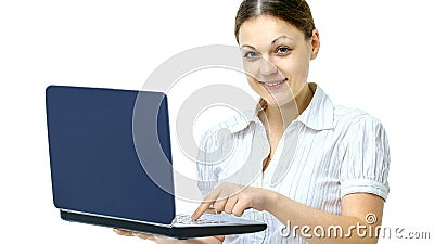 Young woman dealer shows an open laptop. Stock Photo