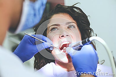 Young woman at dentist . Close up. Stock Photo