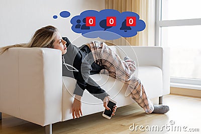 Woman depressed about inactivity on her social media Stock Photo