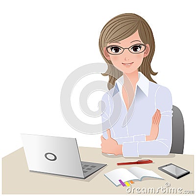 Young woman at desk with copy space. Stock Photo