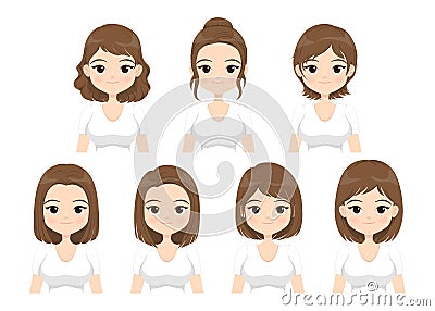 Young woman with different hair styles isolated on white background. Vector Illustration