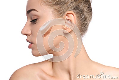 Young woman with different shades of skin foundation Stock Photo