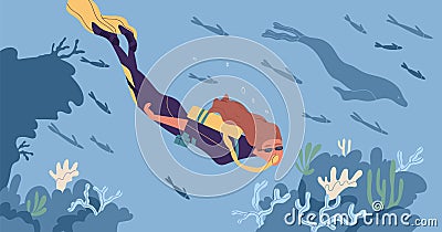Young woman in diving mask and wetsuit swimming underwater and observing coral reef. Scuba diver watching marine fauna Vector Illustration