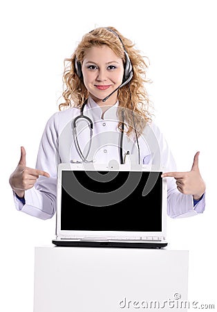 Young woman doctor laptop sign Stock Photo