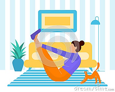 A young woman does sports, yoga in a cozy home interior with a cat. Lifestyle. Vector Illustration