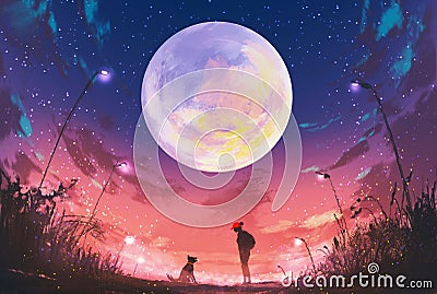 Young woman and dog at beautiful night with huge moon above Cartoon Illustration