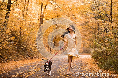 Young woman with the dog in the park. Wind in the hair. With dog on a walk in an autumn nature. Young beautiful female Stock Photo