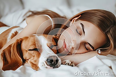 Young woman and dog peacefully sleeping on white bed at home, creating a heartwarming scene Stock Photo