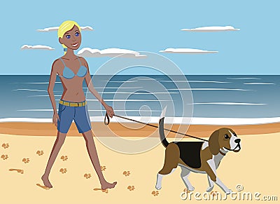 Young woman and dog walking on the beach Vector Illustration