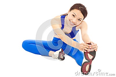 Young woman doing core workout, warm up body Stock Photo