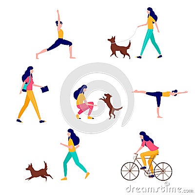 Young woman doing different outdoor activities: running, doing yoga, cycling, walking the dog, traveling. Vector Vector Illustration