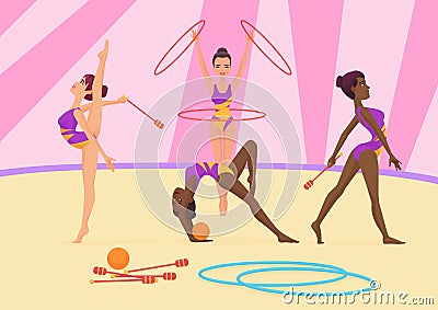 Young woman doing the different types of gymnastics. Vector illustration. Vector Illustration