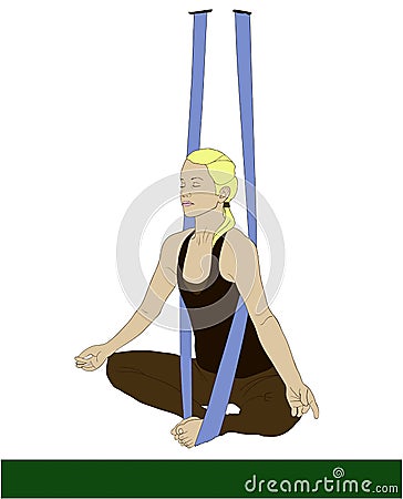 Young woman is doing fly, aerial yoga meditative lotus pose with aerial silk. Vector Illustration