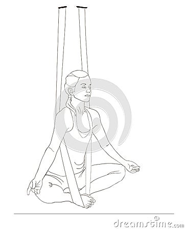Young woman is doing fly, aerial yoga meditative lotus pose with aerial silk. Vector Illustration