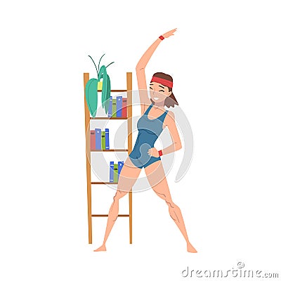 Young Woman Doing Side Bends at Home, Physical Activity and Healthy Lifestyle Concept, Stay Home, Keep Fit and Positive Vector Illustration