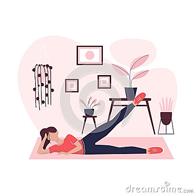 A young woman is doing sport at home. Vector Illustration