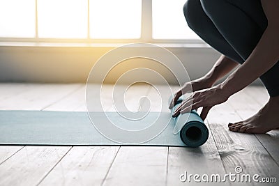 Young Woman Doing Yoga Twist Mat Healthy Lifestyle Stock Photo