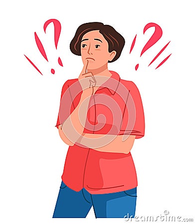 Young woman doubts and questioning everything. Thinking girl and question marks. Flat cartoon style vector illustration Vector Illustration