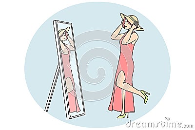 Woman in dress, shoes, tries on hat in front of mirror. Vector Illustration