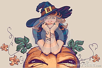 Young woman dressed up in witch costume. Holiday Halloween Cosplay Vector Illustration