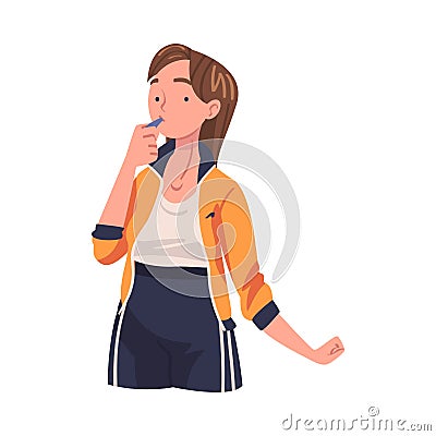 Young Woman Drill Master or Coach with Whistle Vector Illustration Vector Illustration