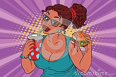 Young woman drinking Cola and eating Burger Vector Illustration