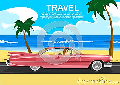 Young woman driving a retro car along the sea coast Vector Illustration