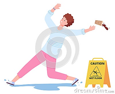 Young woman drop coffee cup after slipping on wet floor Vector Illustration