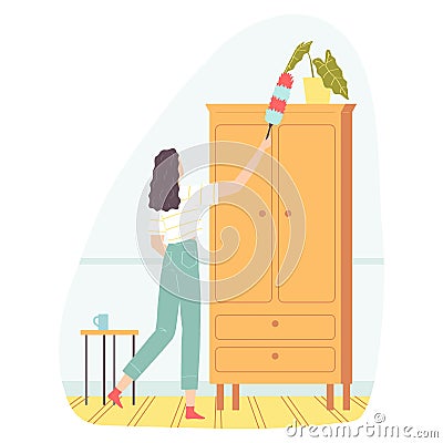 Young woman dusting with the help of cleaning sweep. Housework concept . Vector illustration for banners, posters Vector Illustration