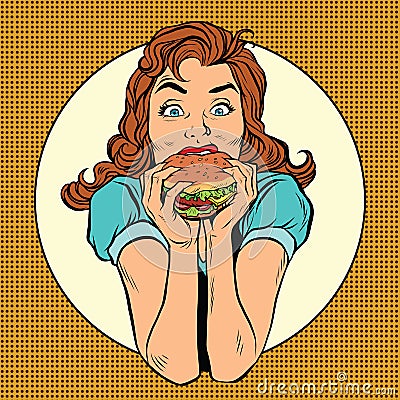 Young woman eating Burger Vector Illustration