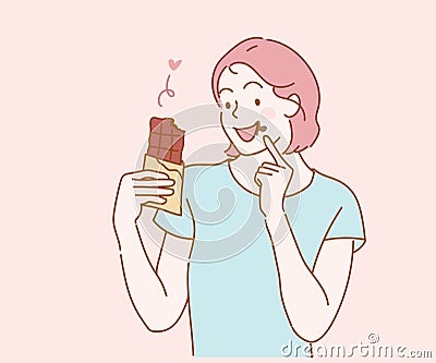 Young woman eating chocolate bar. Hand drawn Vector Illustration