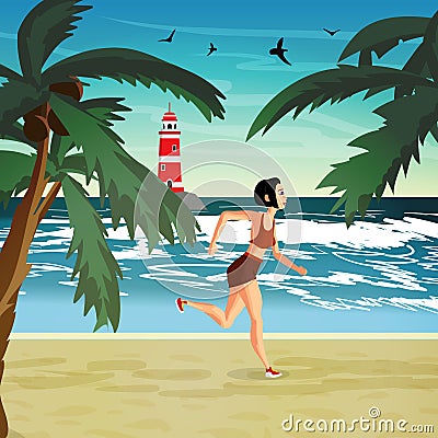 Young woman is engaged in the beach sports. The girl is running Vector Illustration