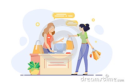 Young woman engaged in shopping and checkout her purchases. Vector Illustration