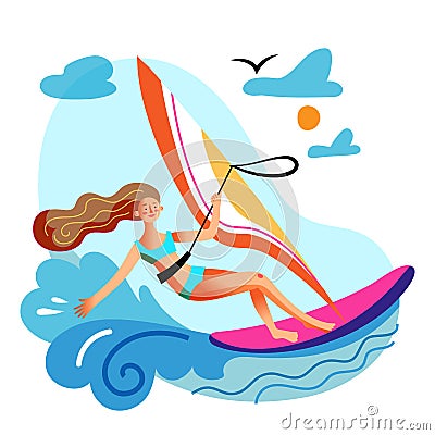 Young woman engaged in windsurfing in sea or ocean Vector Illustration