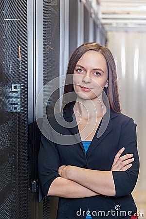 Young woman engineer at the network equipment Stock Photo