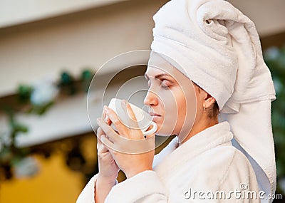 Young woman enjoyed with morning coffee Stock Photo