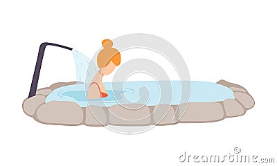 Young woman enjoying spa massage in jacuzzi, girl relaxing in hot water in bath tub vector Illustration on a white Vector Illustration