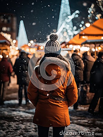 Young woman Enjoying of a traditional Christmas Market and a charming winter holidays Stock Photo
