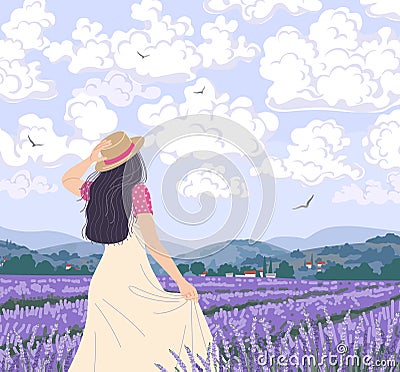 Young Woman Enjoys the lavender Field Vector Illustration