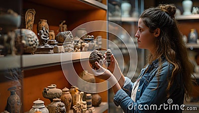 Young woman examining ancient pottery in museum Stock Photo
