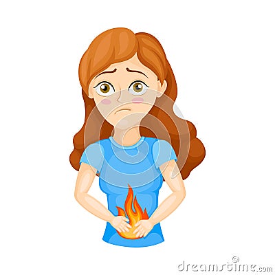 Young Woman Experiencing Epigastric Burning and Pain in Stomach Vector Illustration Vector Illustration