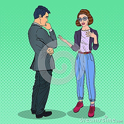 Young Woman Explaining Something to Man. Pop Art illustration Vector Illustration