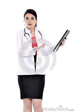 Shocked doctor woman expresses shock. Stock Photo