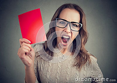 Screaming woman with red card Stock Photo