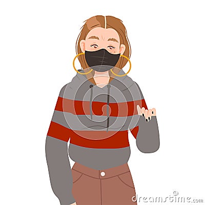 Young Woman in Face Mask Supporting Street Protest Against Human Rights Violation Vector Illustration Vector Illustration