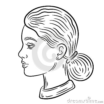 Young woman face profile, beautiful girl portrait, female head side view line icon. Hairstyle, skin care. Facial avatar vector Vector Illustration