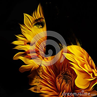 Young beautiful woman fantasy portrait double exposure Stock Photo